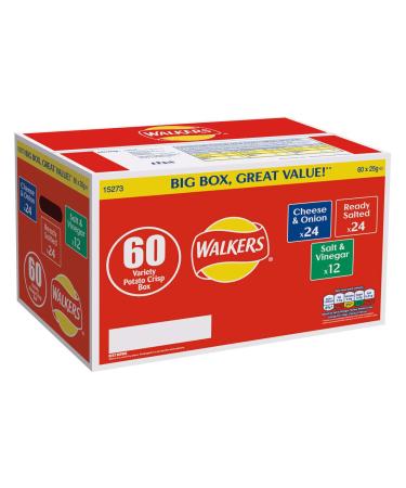 Walkers Crisps Classic Multi-Pack Box Crisps Pack Of 60 x 25g - 24 x Cheese Onion 24 x Ready Salted 12 x Salt & Vinegar 3 Different Flavours - Saver Box