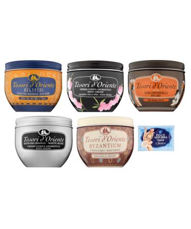 Tesori d'Oriente Byzantium Body Cream 5 Pack Byzantium Test Pack – Aegyptus – Orchid – Lotus Flower – White Musk – Body Cream 300 ml + 1 Free Felce Azzurra Talc Sachet,
