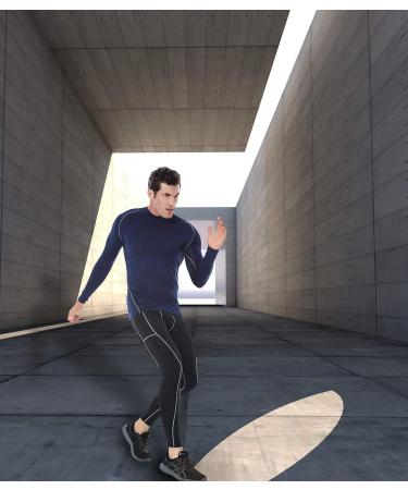 SILKWORLD Men's Compression Pants with Pockets - Cool Dry Gym Leggings for Running - Dark Navy Blue/Black/Grey Stripe - Large - Buy Online on GoSupps.com