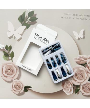 Coffin Press on Nails: Long Navy Blue Rhinestone False Nails with Glue - Full Cover Acrylic Gradient Designs for Women - Buy Online on GoSupps.com