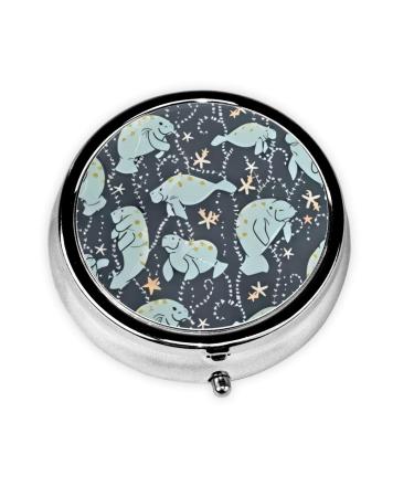 Manatee Animals Portable Metal Pill Box Round Mini 3-Compartment Plastic Insert hinged Fastening Design Suitable for Small Pills Must-Have for Travel Black