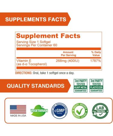 LOVITA Vitamin E 400 IU Softgels Natural 268 mg (as D Alpha Tocopherol) Vegan for Healthy Skin Hair Nails & Immune System Support 60 Vegetarian Softgels 60 Count (Pack of 1) - Buy Online on GoSupps.com
