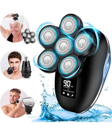 Sakioo Head Shaver Upgrade 6 in 1 Electric Head Shaver for Bald Men IPX7 Waterproof Cordless Rotary Razor with LED Display Face Head Shaver with Nose Hair Sideburns Trimmer