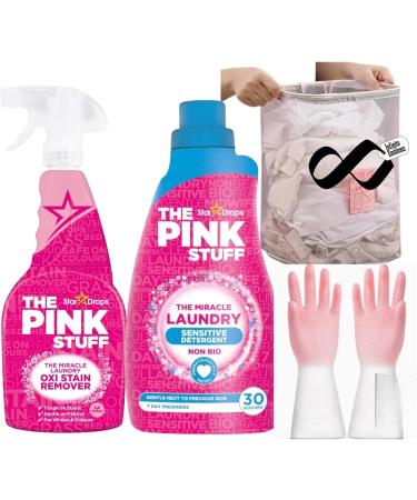 The Pink Laundry & Stain Remover For Clothes- Includes 500ml The Pink Stuff Spray Oxi Stain Remover 960ml Non Bio Washing Liquid Sensitive Detergent Bundled with Pink Reusable Gloves & Laundry Basket. - Buy Online on GoSupps.com