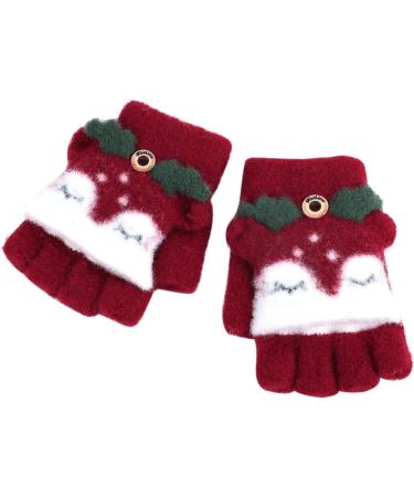 Kids Puppy Flip Top Gloves | Short Knitted Half Finger Gloves for Toddlers 3-8 Yrs - Elk/Red - Buy Online on GoSupps.com