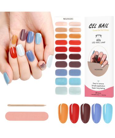 Kalolary 20PCS Nail Adhesive Wrap Nail Gel Polish Strips Full Wraps Nail Polish Stickers Cured Gel Nail Strips Self-Adhesive Gel Nail Wrap Stickers Decals(UV/LED Lamp Required) (Colorful 2)