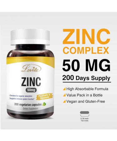 LOVITA Zinc 50mg | Potent Highly-Absorbed Chelated Zinc Supplements Picolinate & Bisglycinate | Vegan Gluten Free non-GMO | For Immune Antioxidant Support & Healthy Skin | 200 Capsules (Pack of 3) 200 Count (Pack of 3) - Buy Online on GoSupps.com