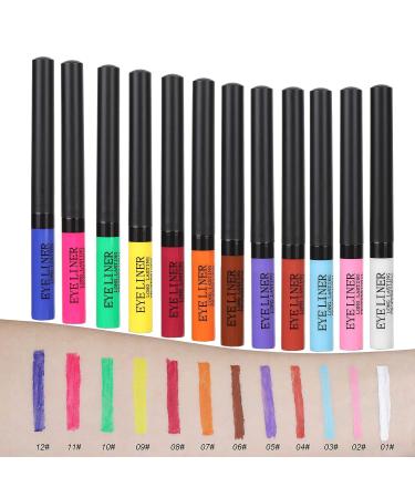 12pcs Waterproof Matte Liquid Eyeliner Set - Colorful Makeup Pen Set in White, Red, Blue, Green, and Brown - Buy Online on GoSupps.com