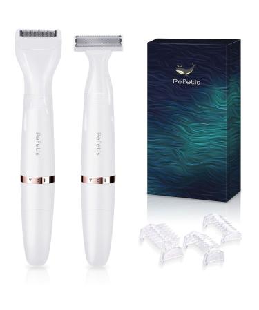 Pefetis Electric Razor for Women, 2 in 1 Womens Shaver for Pubic Hair Wet Dry Cordless Bikini Trimmer Ladies Shaver for Legs Underarms and Bikini Line Painless Battery-Operated Body Hair Removal Golden White