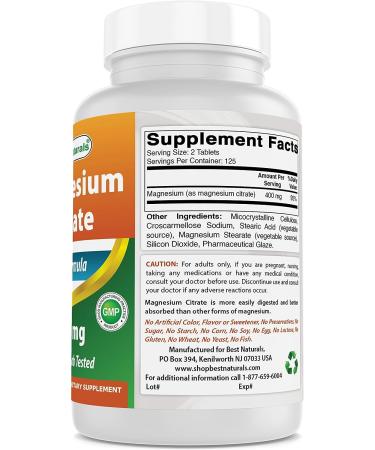 Best Naturals Magnesium Citrate 400mg - 250 Tablets | 400mg Elemental Magnesium | High Potency Supplement - Buy Online on GoSupps.com