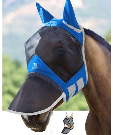 Harrison Howard Caremaster Pro Luminous Horse Fly Mask Large Eye Space Long Nose with Ears UV Protection for Horse -Signature Blue S Signature Blue