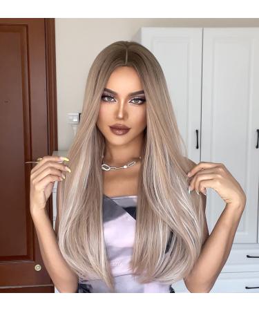 Vebonny Mixed blonde ombre wig with highlights balayage straight middle parting wigs dark rooted blonde highlighted synthetic wig 24 inch vebonny-248 #248 - Buy Online on GoSupps.com
