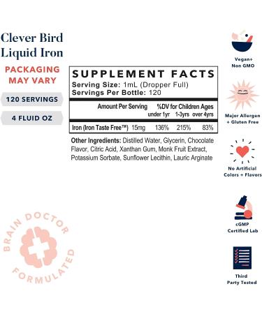 Clever Bird Liquid Iron Supplement 15mg per Serving - Vegan Drops for Kids & Adults - Prenatal Iron Vitamin Energy Support - High Potency Chocolate - Bonus Smart Brain Guide - 4 Oz - Buy Online on GoSupps.com