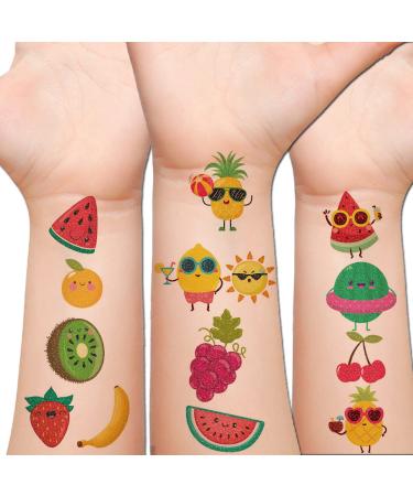 Hohamn Glitter Fruit Temporary Tattoos for Kids - 100+ Cartoon Fruit Summer Tattoos for Girls Boys Birthday Party Supplies Favors