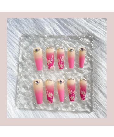 24 Pcs Long Coffin French Ballerina Fake Nails Set with Jelly Glue Sticker - Pink Floral Design for Women and Girls - Buy Online on GoSupps.com