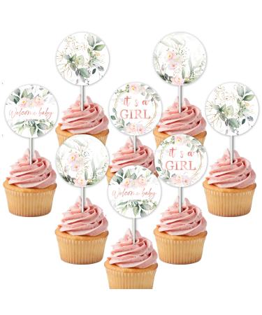 Blush Pink Floral Baby Shower Decorations - 24pcs Sage Green and Pink Baby Shower Cupcake Toppers Greenery Botanical Baby Shower Cake Decorations for Welcome Baby It's a Girl Baby Shower Party