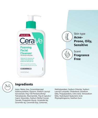 CeraVe Foaming Facial Cleanser - 16 fl oz for Normal to Oily Skin | Deep Clean & Hydrate - Buy Online on GoSupps.com