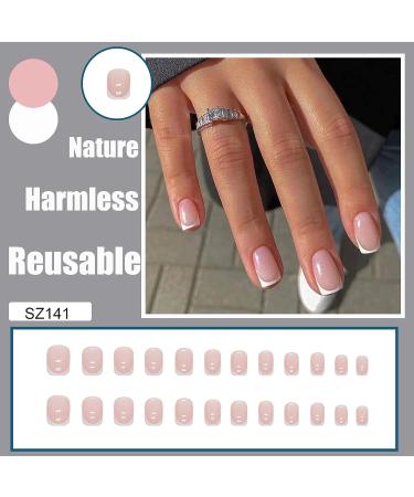 QINGGE Pink Glitter French Tip Press on Nails - 24Pcs Short Square Fake Nails for Women - Buy Online on GoSupps.com