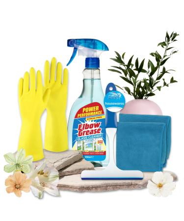 Window Mirror & Glass Cleaner Bundle | Elbow Grease Glass Cleaner Spray with Vinegar 500ml Window Squeegee 1pc Microfibre Cloths 2pc Rubber Gloves Large 1pk | Glass Cleaning Solution - Buy Online on GoSupps.com
