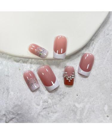 French Tip Press on Nails Short Square Fake Nails Pink Full Cover False Nails with Glitter Designs Rhinestones Acrylic Nails White Tip Gradient Artificial Nails Nail Decorations for Women Girls SquareNails2 - Buy Online on GoSupps.com