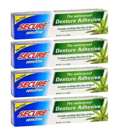 Secure Sensitive Gums Waterproof Denture Adhesive Zinc Free with Aloe Vera & Myrrh - Extra Strong 12 Hour Hold - 1.4 oz (Pack of 4)