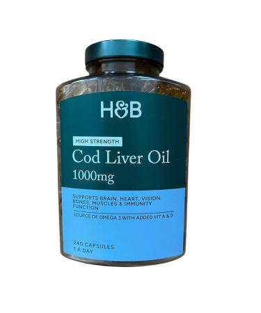 Holland and Barrett Cod Liver Oil Capsules 1000mg. - 240 Capsules Supports Brain Heart Vision