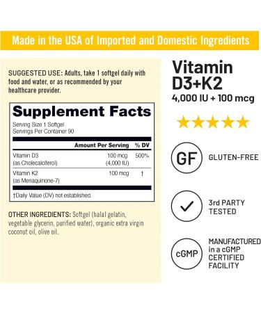NatureWise Vitamin D3 4000IU + K2 (MK7) 100mcg with Organic Extra Virgin Coconut Oil - Supports Calcium Absorption Bone & Immune Health - Non-GMO Soy & Gluten-Free - 90 Softgels 3-Month Supply 90 Count (Pack of 1) - Buy Online on GoSupps.com