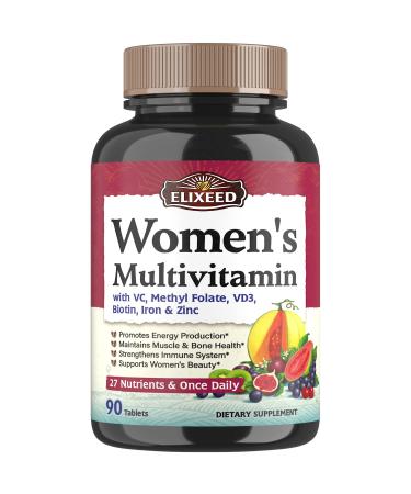 Elixeed Women's Multivitamin & Multimineral with VC VD3 VB Zinc & Iron 27-in-1 Comprehensive Formula One Daily Highly Bioavailable for Energy Immune Health Beauty & More 90 Tablets Non-GMO