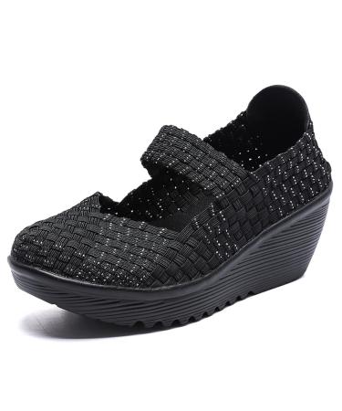 Touchmosees Women's Platform Wedge Sandals Woven Pumps Mary Jane Shoes Comfortable Walking Shoes 889/Black-white 8