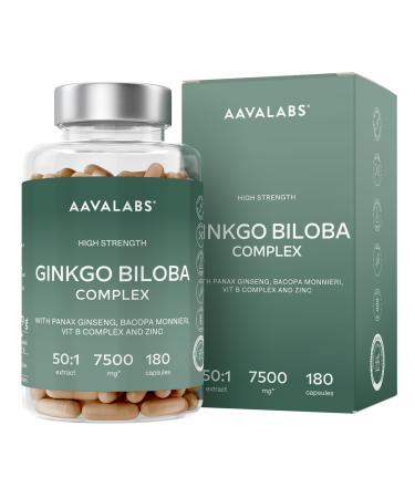 Ginkgo Biloba 7500mg 50:1 avec Panax Ginseng Rouge de Cor e Bacopa Monnieri Zinc Vitamine B Complex - Nootropique Puissant Circulation Sanguine Memoire et Concentration Energie - 180 Capsules