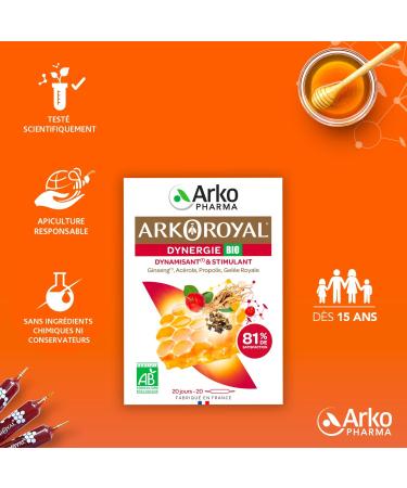 Arkopharma - Arkoroyal Organic Dynergie | Royal Jelly - Propolis - Food Supplement - Energy Booster - Immunity and Vitality - Ginseng - Acerola - Energizing and Stimulating | 20 Bulbs - Buy Online on GoSupps.com