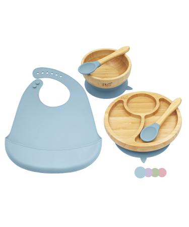 ShipShape Bamboo Baby Weaning Set | Suction Plates & Bowls | 2 Spoons & Silicone Bib | Baby Feeding Set with Free eBook | Bamboo Plates | Baby Plates with Suction | Toddler Plates and Bowls Sets Dusty Blue