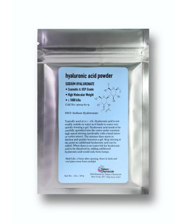 Talsen Chemicals Pure Hyaluronic Acid Powder (1 oz. / 28 grams) 1800 kDa+ Natural Cosmetic Grade Hyaluronic Acid High Molecular Weight Powder DIY Serums