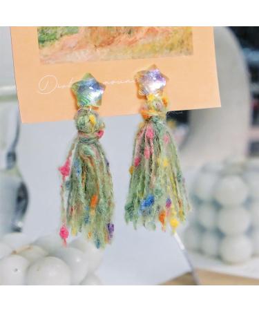 Feyley Star Shape Earrings | Pink Green Wool Thread Quasten Ohrrings | Colorful Ear Drops for Women - Buy Online on GoSupps.com