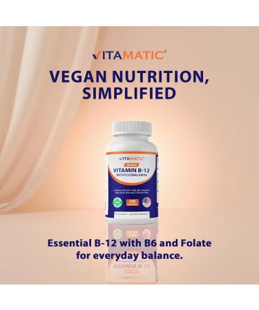 Vitamatic Vegan B12 1000 mcg - Methyl B12 with Folic Acid Vitamin B6 Spirulina Beet Root Broccoli & Brown Rice - Supports Healthy Mood Energy Heart & Eye Health - 180 Capsules - Buy Online on GoSupps.com