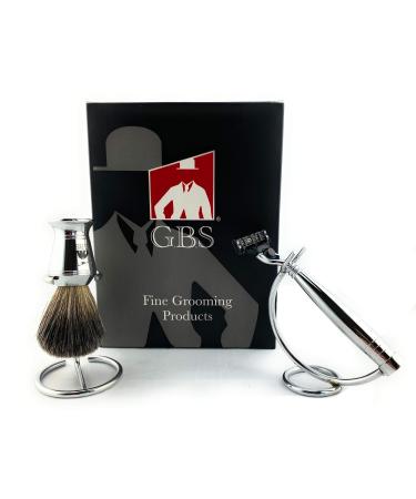 G.B.S Modern Shaving Set Compatible Razor with 3 Blade Lubricated Strip Cartridge Badger Shaving Brush with Chrome Handle Stainless-steel Razor and Brush Stand