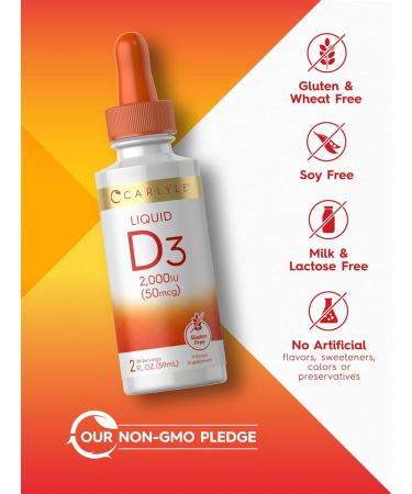 Carlyle Liquid Vitamin D3 | 2000 IU | 2 oz | Vegetarian Non-GMO and Gluten Free Formula | 50mcg | Vitamin D Liquid Drops for Adults - Buy Online on GoSupps.com