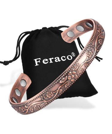 Feraco Magnetic Copper Bracelet for Women Magnetic Therapy Bracelet for Arthritis Pain Relief High Gauge 99.9% Solid Copper with Magnets Anti-Allergies Vintage Flower Copper Magnetic Bracelets