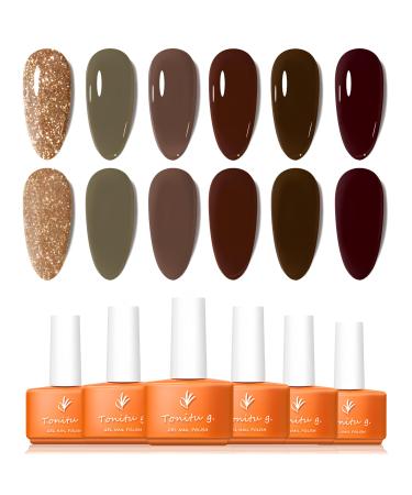 Tonitu G Gel Nail Polish Set 6 Colors Gel Polish Kit Glitter Gold Beige Deep Brown Chocolate Burgundy Nail Art Design Soak Off LED at Manicure DIY Home Salon Gifts for Women Girls Cozy Browns