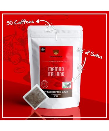 Brown Bear Mambo Italiano Strong Espresso Ground Coffee Bags - 50 Count - Strength 5 - Donate to Free The Bears - Arabica Coffee Bags Like Espresso Tea Bags 50 Pack - Buy Online on GoSupps.com