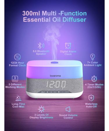 Lovaroma 300ml Aroma Diffuser & Humidifier with Bluetooth Speaker Alarm Clock 7 LED Colors 4 Timers & Auto Waterless Shutdown - Ideal for Bedrooms & Offices - Buy Online on GoSupps.com