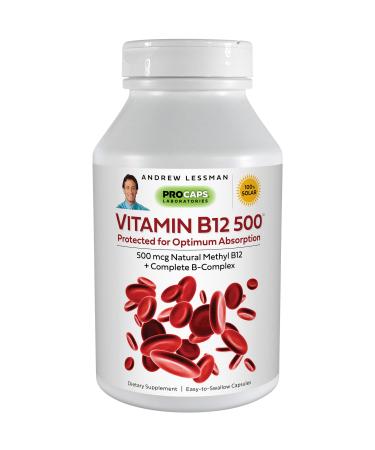 ANDREW LESSMAN Vitamin B12 500 180 Capsules Absorption-Protected Methylcobalamin (Natural Coenzyme Vitamin B12) Essential for Energy & Stress Support Plus B-Complex Easy to Swallow Capsules 180 Count (Pack of 1)