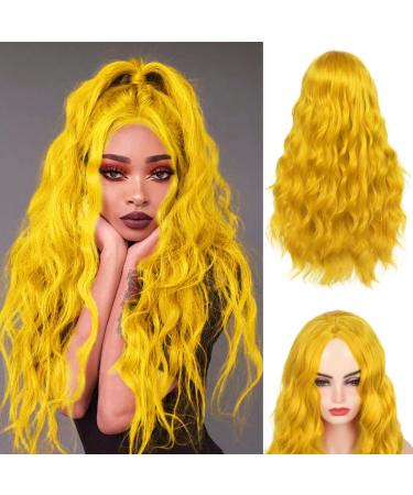 Beweig Yellow Wig for Women Long Curly Wavy Cute Colorful Wigs Middle Part Synthetic Hair Wigs Halloween Cosplay Daily Party Wigs (25 inch) L5-Yellow