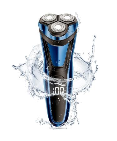 Electric Razor for Men Rotary Shaver Pop-up Beard Trimmer with LCD Display and Rechargeable Cordless Waterproof Blue