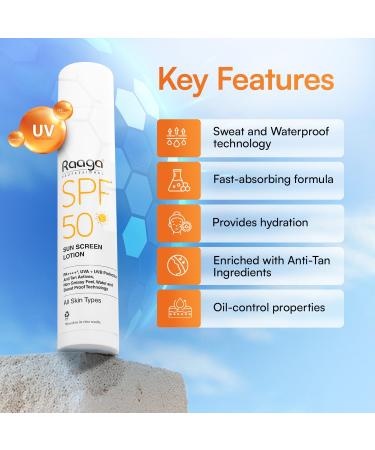 Raaga Sunscreen Lotion SPF 50 Broad Spectrum UVA and UVB Lightweight Non Greasy Water Resistant 1.86 Fl Oz 55ml - Buy Online on GoSupps.com