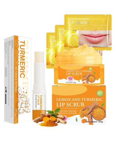 INSEEK Turmeric and Lemon Lip Scrub and Turmeric Lip Balm for Dark Lips Lip Scrubber Exfoliator with Aloe Vera Deep Moisturizing Nourish Dry Cracked Chapped Lips Reduce Fine Lines