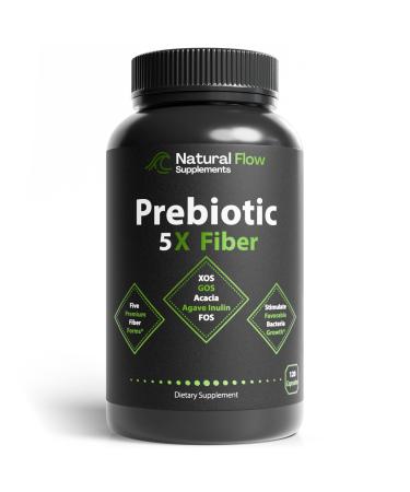 Prebiotic Fiber Supplement 5-in-1 Capsules - Natural Flow 5X Fiber XOS, GOS, FOS, Acacia and Agave Inulin, Daily Soluble Fiber Formula for Gut Support and Boost Good Bacteria Diversity, 120 Caps