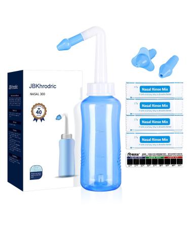 JBKhrodric Neti Pot Sinus Rinse Bottle Nasal Wash Bottle Sinus Rinsing Cleaner Pressure Rinse Nasal Irrigation with Sticker Thermometer for Adult & Kid (300ml with 40 Nasal Wash Salt Packets)