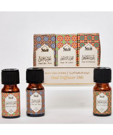 Arabic Oud Diffuser Oil Set, Essential Oils by Dukhni | 3 x 10ml Oudh Oil Gift Set for Diffuser & humidifier | 100% Pure Halal Oils | Relax with Home Aromatherapy, for Relaxation & Massage