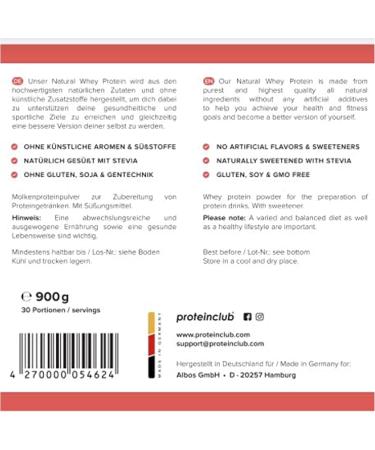 Proteinclub Natural Whey Protein No Additives Artificial Flavors and Sweeteners Sweetened with Stevia Soy-Free Made in Germany Strawberry 900 g - Buy Online on GoSupps.com